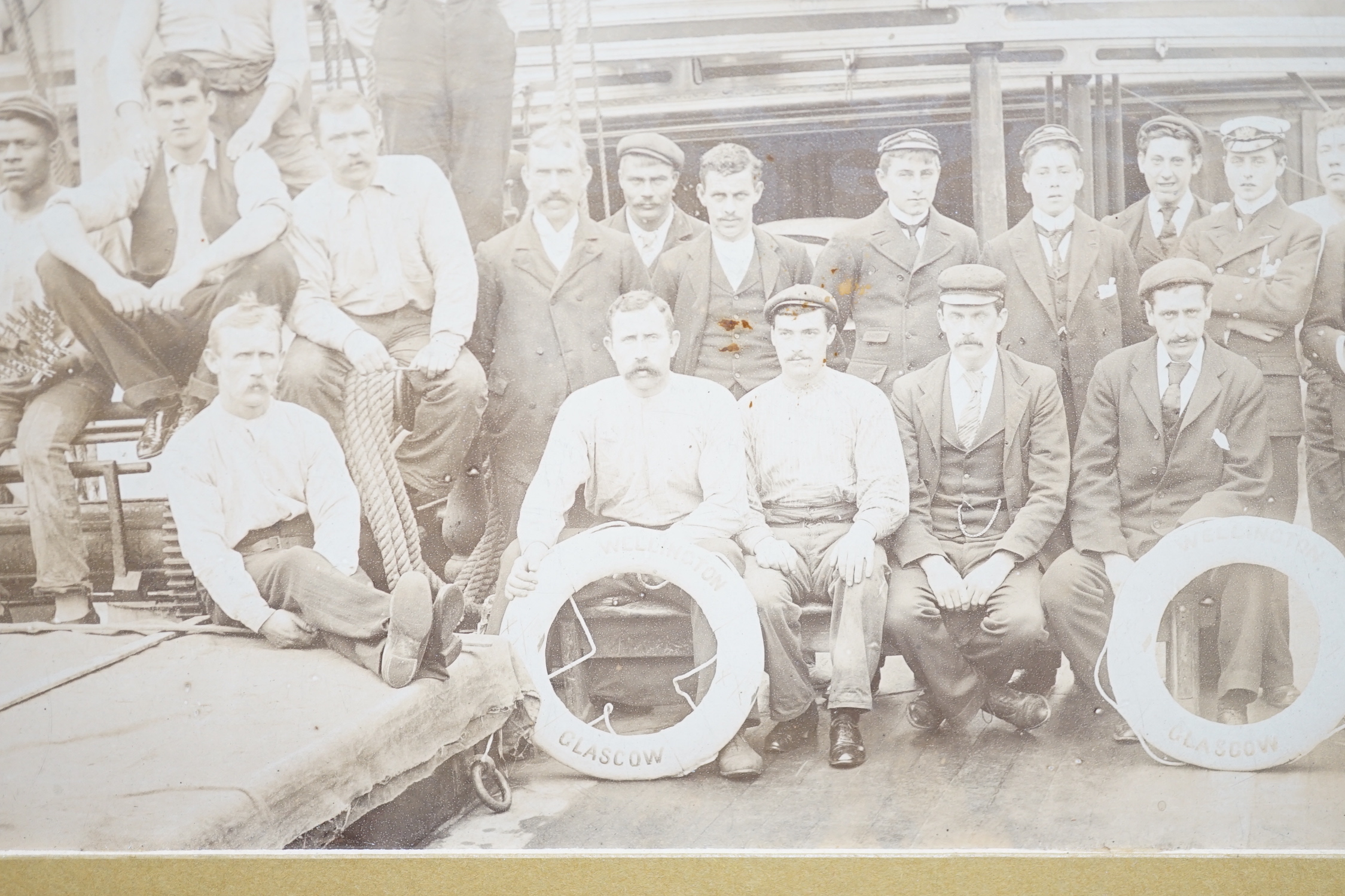 New Zealand history - A late 19th century albumen photograph of the crew of the ship Wellington which sailed from Glasgow to Wellington, New Zealand, by W Stewart photographer, 43 Broadway Terrace, Wellington, NZ., 14cm